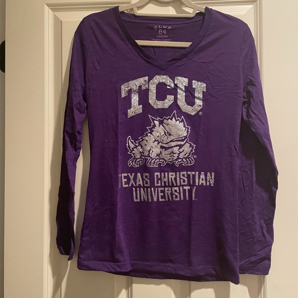 TCU Texas Christian University Glitter Purple Long Sleeve Shirt Medium
